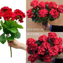 1/4 pieza Flor de geranio de seda artificial, planta de geranio falsa para decoración del hogar, jardín interior, balcón, tumba, jarrón, mesa - Rojo - Ver 8