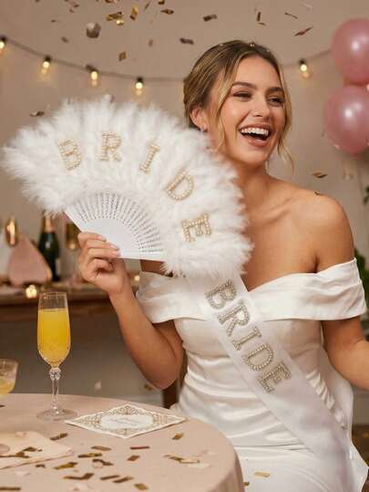 2件套 - 新娘羽毛扇腰带套装，白色蓬松手扇，饰有“新娘”字母珍珠装饰，伴娘派对、新娘送礼会、婚礼摄影新娘配饰、婚礼派对装饰、婚礼迎宾装饰