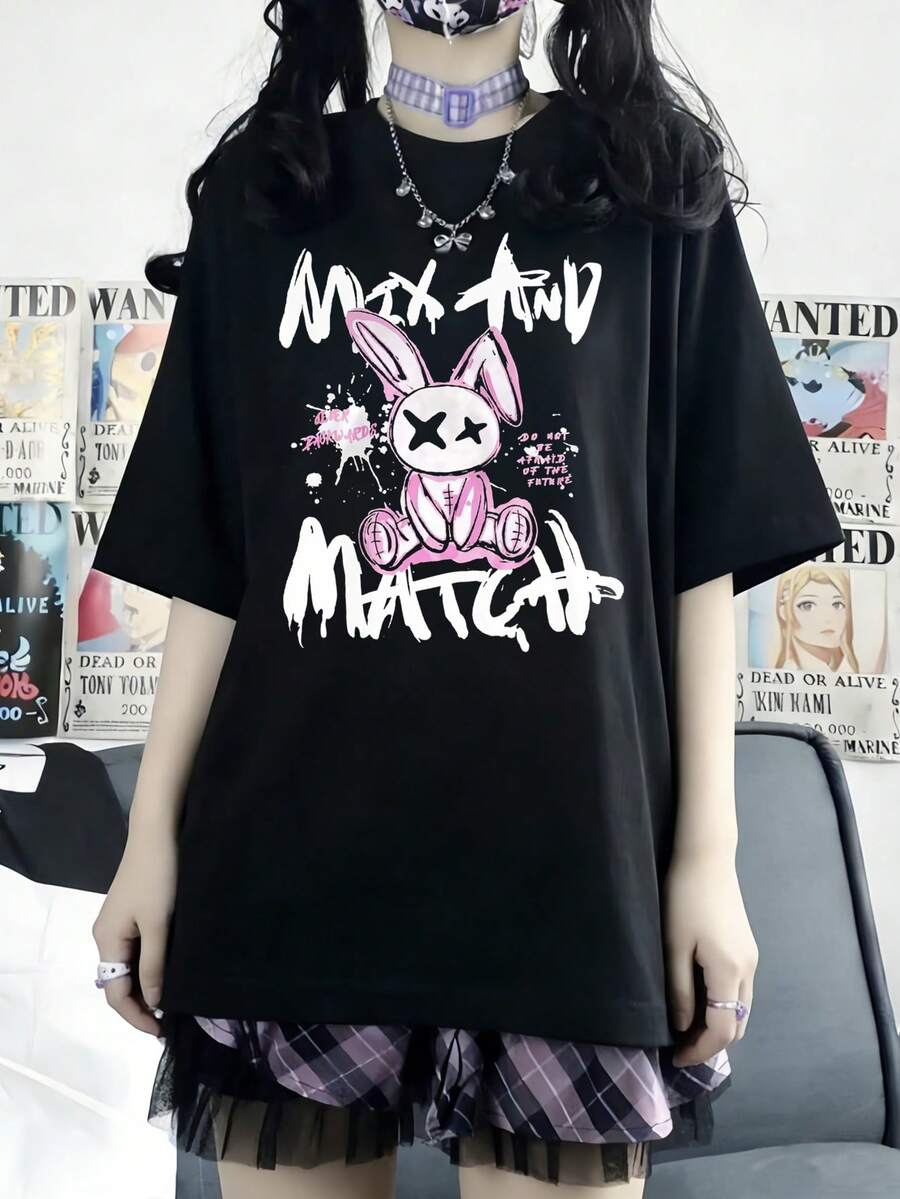 Áo thun ngắn tay in họa tiết Y2K màu đen, áo nữ mùa hè dáng rộng cổ tròn, đa năng, tôn dáng. - màu đen - Xem 1