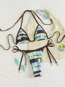 Bộ đồ bơi nữ gợi cảm, tối giản, phong cách retro, thích hợp cho kỳ nghỉ, du lịch biển, tiệc tùng, in họa tiết, kiểu buộc dây cổ, hàng mới về mùa xuân/hè. - Hoa màu vàng nhiều màu - Xem 1