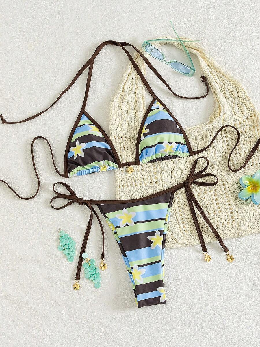 Bộ đồ bơi nữ gợi cảm, tối giản, phong cách retro, thích hợp cho kỳ nghỉ, du lịch biển, tiệc tùng, in họa tiết, kiểu buộc dây cổ, hàng mới về mùa xuân/hè. - Hoa màu vàng nhiều màu - Xem 1