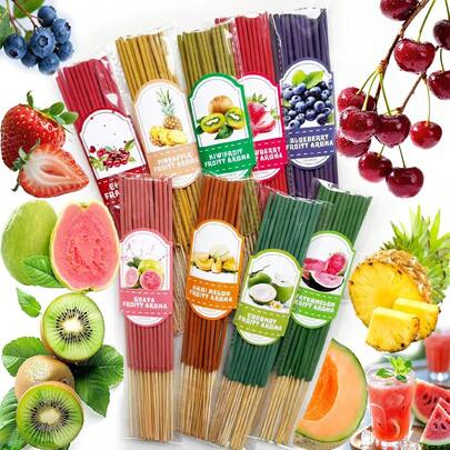 [Popular Choice] 30/120pcs Fruit Scented Incense Sticks - Cherry, Cantaloupe, Strawberry, Watermelon, Pineapple, Blueberry, Coconut, Guava - Natural Wooden Bamboo Sticks, Suitable For Aromatherapy, Yoga, Meditation, Home And Office Fragrance