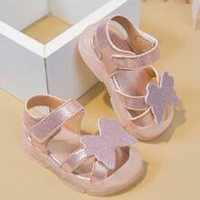 2026夏季新款女婴蝴蝶结平底凉鞋，防踢幼儿闭趾凉鞋 - 粉色 - 查看 2