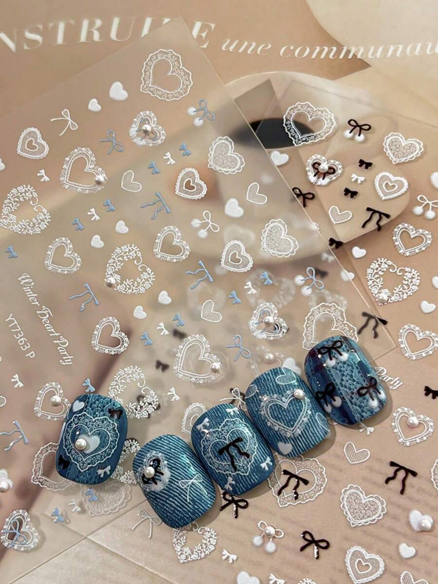 1 miếng dán móng tay hình trái tim ren 5D nổi, nơ và ngọc trai, tự dính. - Nhiều màu - Xem 1