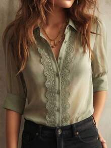 1件女士纯色复古法式橄榄绿蕾丝拼接衬衫，翻领蕾丝边单排扣优雅上衣，纯色前扣七分袖雪纺上衣，适合度假、办公、日常、旅行、机场等各种场合，四季皆宜。 - 軍綠色 - 查看 6
