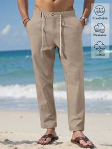VENTUSAIL Men Solid Drawstring Waist Pants Tapered Long Slacks Linen Cool Plain Going Out, Fall Beige Pants For Men Men Drawstring Pants Men Linen Pants Cream Pants Men,Weekend Trips, Outdoor Activities, Travel Expeditions, Relaxed Work Environments Or Semi-Formal Occasions, Boyfriend/Husband Gift, Anniversary /Birthday Gift Party Summer Vacation Holiday New Years Wedding Valentine's Day, Cream Joggers Men,Khaki Pants, Beach Cruise Vacation, Bohemian Hawaiian Vacation - 卡其色 - 查看 4