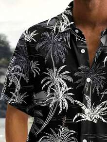 夏威夷椰树印花纽扣短袖衬衫，男士加大码 - 黑色 - 查看 4