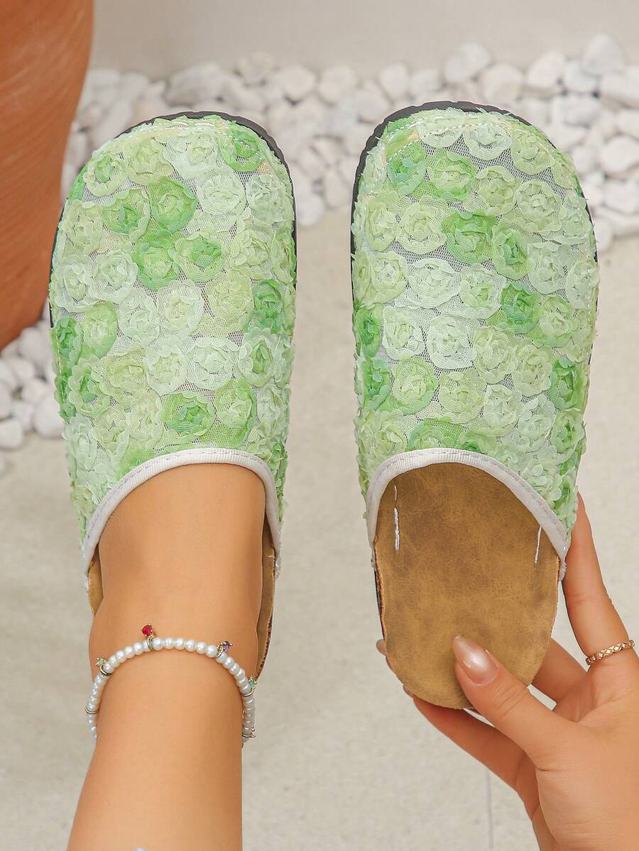New Women's Flat Shoes, Mesh Bottom With Floral Decor, Casual For Daily Wear, Comfortable And Versatile Flat Sandals For Beach, Holiday, Party, Gradient Green Color With Random 3D Floral Pattern - Gradient Green - 3D Flower - View 1