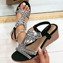 Women's New Platform Wedge Sandals - Retro Rhinestone Elastic Strap Bohemian Style Roman Sandals, Suitable For Vacation - Black - View 9