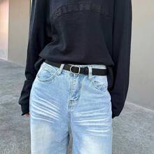 女士腰带，椭圆形紧凑合金扣，休闲无孔设计，适合搭配牛仔裤 - 黑色 - 查看 4