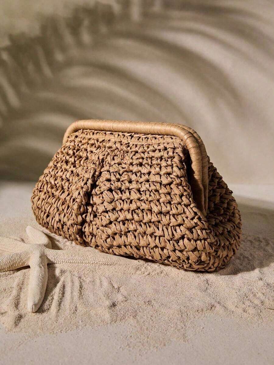 Women's Beige Straw Woven Frame Clutch Bag, Boho Raffia Handbag, Casual Beach & Vacation Purse For Summer - 卡其色 - 查看 1