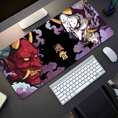 1个大型日式浮世绘恶魔图案游戏鼠标垫/键盘桌垫，带防滑底座 - 适用于家庭、办公室、游戏和工作