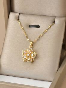 1pc Stainless Steel 5-Petal Rotating Flower Necklace, Suitable For Women's Daily Wear, Women's Gold Color Necklace, High-Quality 18K Gold Necklace, Women's Jewelry Necklace, Halloween Gift, Christmas Gift, Women's Accessory - Vàng-3 - Xem 12