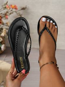 Dép xỏ ngón nữ có chi tiết bện, dép đi nghỉ mát. - màu đen - Xem 1