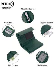 MIYIN Women's Short Soft Large Capacity Wallet, Multi-Functional Multi-Layer Design, Elegant Patchwork Magnetic Closure, Multi-Card Slot Clutch, Dual Zipper Coin Pocket ID Card Holder, Lightweight Three-Fold Practical Handbag, Suitable For Party, Date, Holiday Gift - Dark Green - View 9