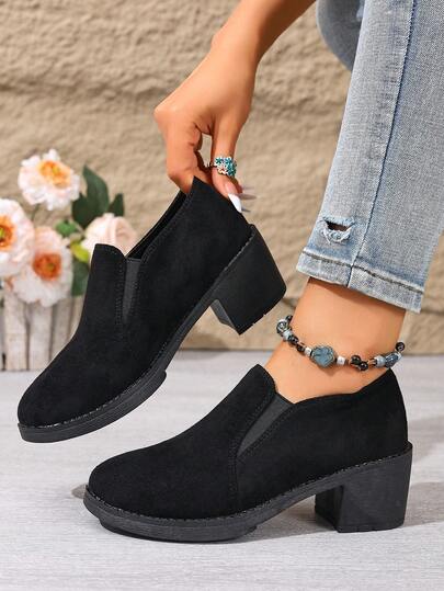 Thick Heel High Vamp Shoes For Women, Retro Suede Elastic Band Mid-Heel Shoes, Versatile Commuting Ankle Boots, Comfortable Thick-Soled Increased Height Small Leather Shoes, Slimming Non-Fatiguing Mother Shoes