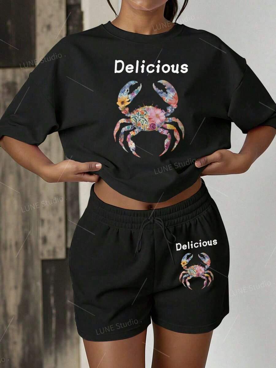 Summer Tops 2pcs Set Women's Casual Loose Solid Color Round Neck Short Sleeve T-Shirt And Shorts, Suitable For Outdoor, Sports, Vacation, Party, Graduation, Easter, Mother's Day Summer PinkCasual Daily Wear, De Dos Pieza De Mujer, De Dos Pieza De Mujer - 黑色 - 查看 1