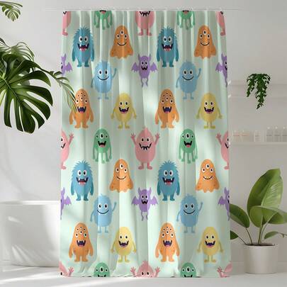 1 pieza Cortina de ducha con estampado de monstruo de dibujos animados, cortina de decoración del hogar de alta calidad, a juego con el baño moderno, cortina de ducha para todas las estaciones con 12 ganchos