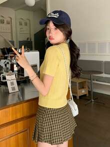 Colorful Button V-Neck Fitted Knit Sweater, Slimming Pullover Top (Button Color Random), Summer - Yellow - View 10