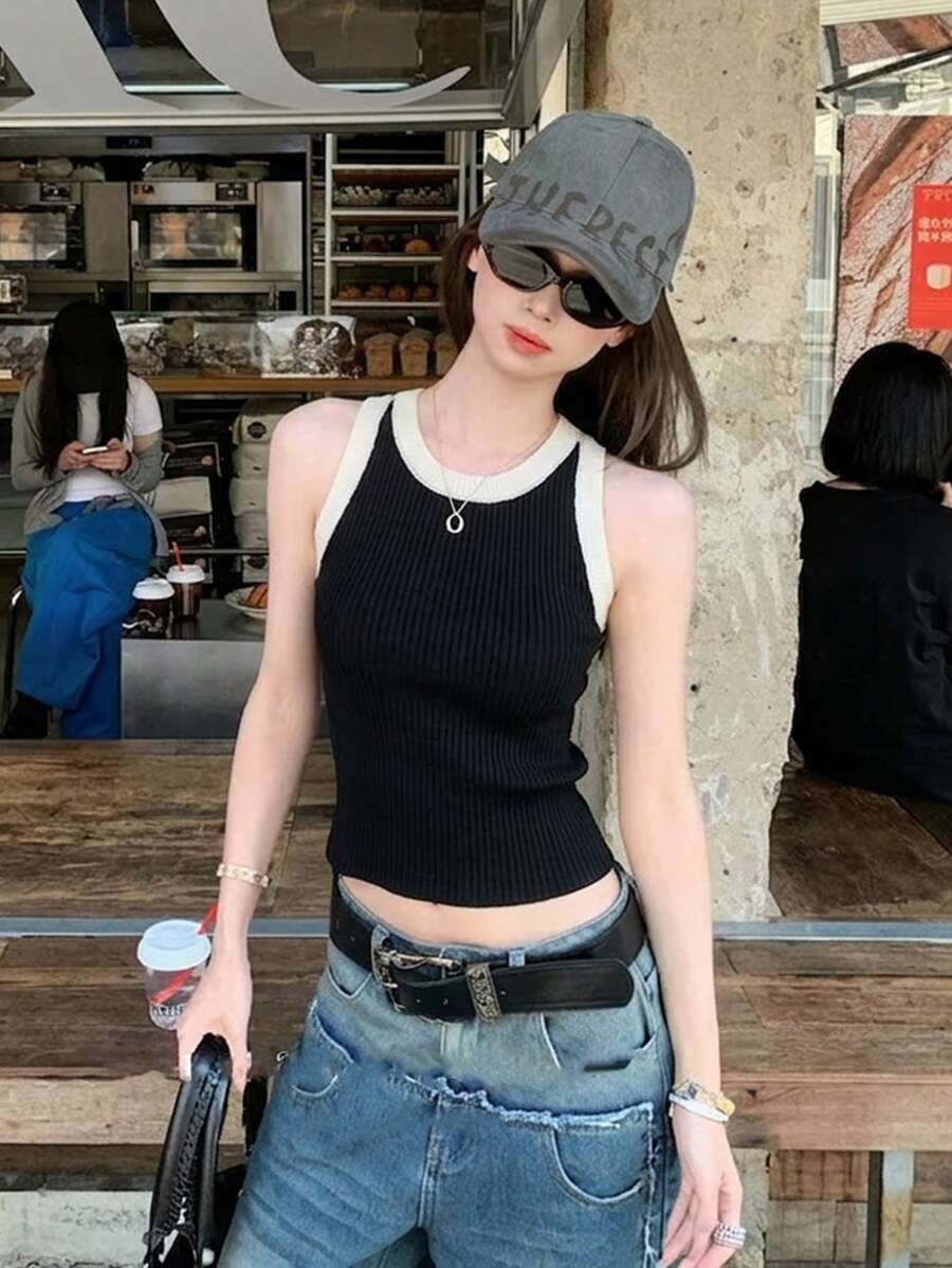 夏季新款针织撞色条纹百搭性感简约吊带背心 - 黑色 - 查看 1