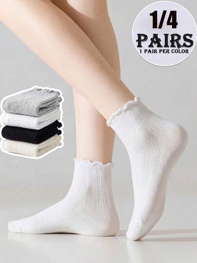 1/4双装女士纯色蕾丝边透气吸湿可爱甜美中筒袜，适合日常通勤