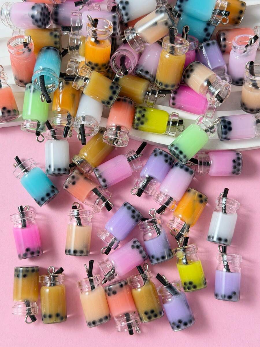 20pcs Assorted Color Glass Boba Tea Cup Pendant, Can Be Used For Earrings And Necklaces (Random Color) - Multicolor - View 1