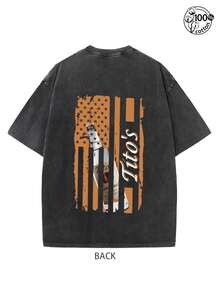 Tito's Vodka American Flag Print Washed Cotton T-Shirt, 230G Washed High-Quality Cotton Printed Men's Premium T-Shirt, Not Easily Deformed Or Shrunk, Creative And Personalized T-Shirt For Wine Culture, Oversized Casual Streetwear For Alcohol & Patriotic Lovers, It Is A Great Choice For Wine Culture Enthusiasts And Fans - Black - View 2