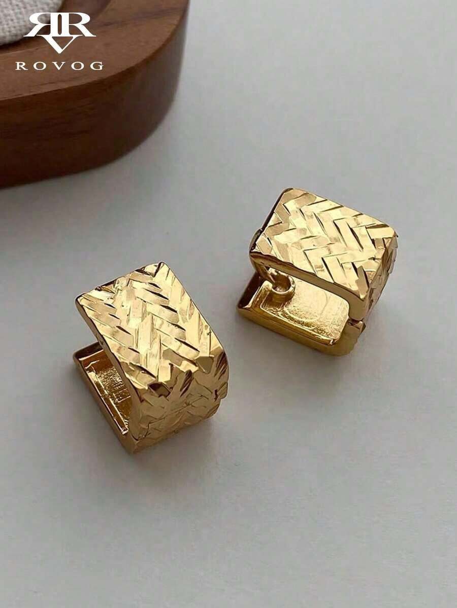 1 Pair Minimalist Luxury Geometric Textured Design Unique Elegant Everyday Casual Copper Hoop Earrings For Women - 黃金3 - 查看 1