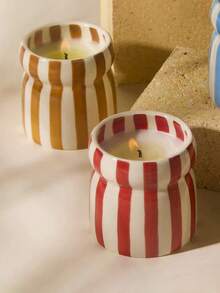 1个复古手绘条纹陶瓷烛台杯，空杯，不含蜡烛 - 适合装饰客厅、卧室、咖啡桌，营造复古氛围，也是节日和送给亲朋好友的理想礼物 - 條紋 - 查看 6