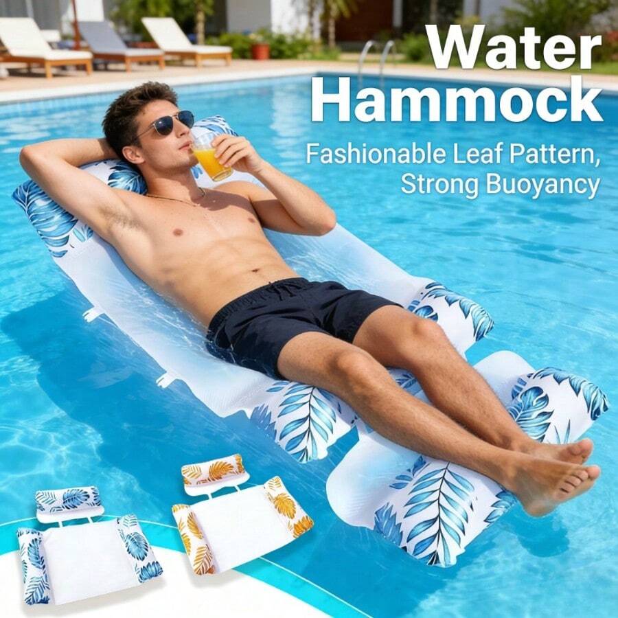 Tropical Leaf Print Detachable Inflatable Pool Hammock, 2-In-1 Mesh Float Lounge Chair 178*70cm For Pool & Beach, Pool Inflatable, Beach Essentials, Pool Float - Multicolor - View 1