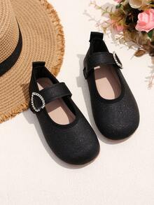 1 Pair Black Plus Size Girls' Flat Shoes, Solid Color Soft Fabric With Glitter, Side Rhinestone Decor, Classic Shallow Design, Round Toe Soft Sole Comfortable Casual Princess Shoes, Suitable For 3-12 Years Old Daily, Party, Stage, Travel, Indoor/Outdoor Wear, Spring/Summer New Arrival - Black - View 3