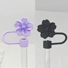 2 件创意樱花硅胶可重复使用吸管盖，防溅防尘吸管盖，便携式易清洁保温杯配件，10mm 超大直径花卉吸管盖，可爱卡通花卉吸管防尘盖，粉色/紫色/黑色/白色-黄色/白色-粉色 - 彩色 - 查看 9
