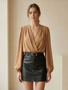 Women's Wrap-Style Bodysuit With Puff Sleeves | Semi-Sheer - 深卡其色 - 查看 2