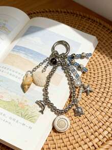 串珠海洋风钥匙扣，饰有贝壳、海螺、海豚，可作手机挂件，简约海洋风包包挂饰，独特小海龟配饰 - 彩色 - 查看 3