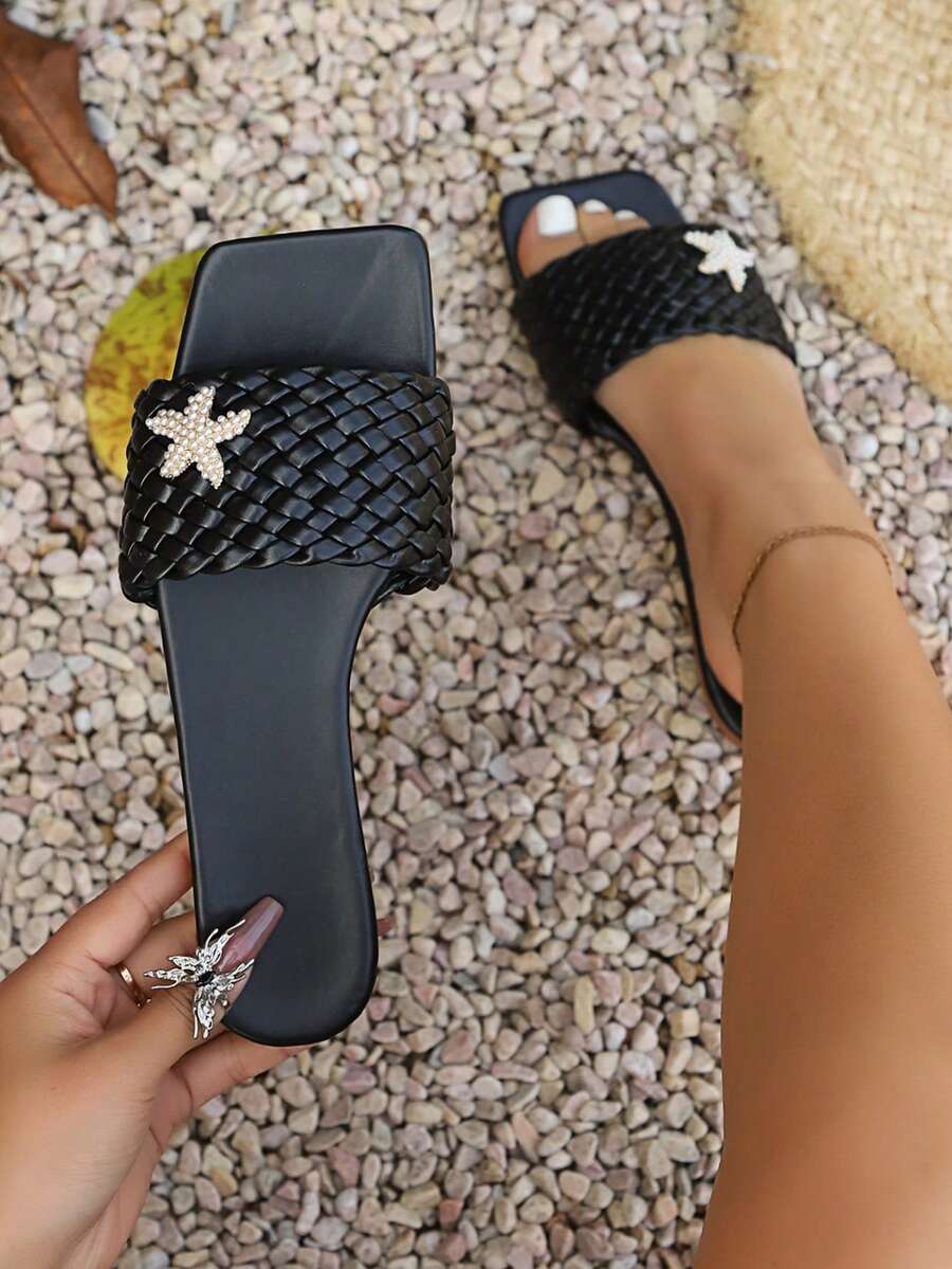 2026新款水钻装饰沙滩拖鞋，时尚百搭夏季必备凉鞋 - 黑色 - 查看 1