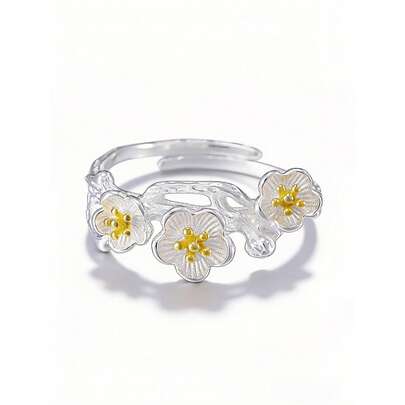 Flyleaf 1 Piece Vintage S925 Sterling Silver Branch Plum Blossom Flower Open Rings For Women Female Retro Daily Wear Naturalism Fine Jewelry