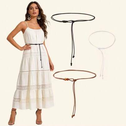 女士可调节腰带 - 黑/白/棕珍珠装饰设计，收腰塑形，适用于连衣裙、衬衫和外套，适合休闲到正式场合，时尚配饰，细节优雅，简约风格，耐用材质，成熟女士必备。