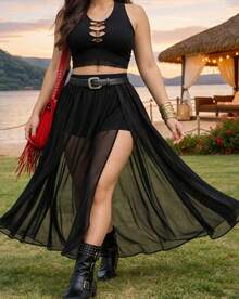 Long, Transparent Chiffon Skirt And Shorts Set - Short Shorts In Elastane/High Waist With Slit/Leg Opening/Hot Pants/Women's Set Summer 2026 Collection/Festival Look/International Show/Gothic/Rock/Emo/Hip Hop/Belly Dance/Halloween Costume/Lollapalooza/The Show/Rock In Rio/Tardezinha/Semi-Translucent/Sensual/Sexy/Carnival/Lgbt Fashion/Pride Day/Gay Parade - 黑色 - 查看 3