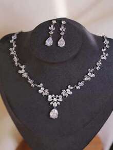 Bộ trang sức cưới đính đá Cubic Zirconia hình giọt nước thủ công hoàn toàn, gồm dây chuyền mặt lá và bông tai, phụ kiện thời trang dự tiệc. - Bạc - Xem 2