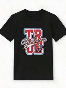 Trues Religions Summer T-Shirt Boys Supercool True Patch Tee   Oversized Loose Top Hip Hop - 黑色 - 查看 1