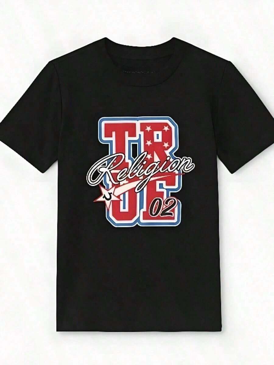 Trues Religions Summer T-Shirt Boys Supercool True Patch Tee Oversized Loose Top Hip Hop - 黑色 - 查看 1