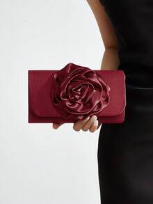 REMANLAND Women's Rose Flower Shaped Evening Clutch, Women's Bow Handbag, Satin Handbag, Wedding Party Bag, Creative Gift - Burgundy - View 2