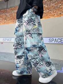 Men's Fashion Street Punk Style Camouflage Print Sweatpants, A Must-Have Item , Personalized Loose Street Fashion Wide Leg Pants, Fall - 淺藍色 - 查看 13