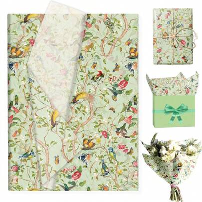 50 Sheets Vintage Bird Flower Tissue Paper, Watercolor Bird Flower Wrapping Papers With Romantic Symbolic Patterns Suitable For Birthdays, Weddings, DIY Crafts, Party Decorations, Garland Decorations, Wedding Decorations, Elegant Gift Paper, Bridal Shower Decor , Flower Bouquets, Multi-Purpose Handmade Materials