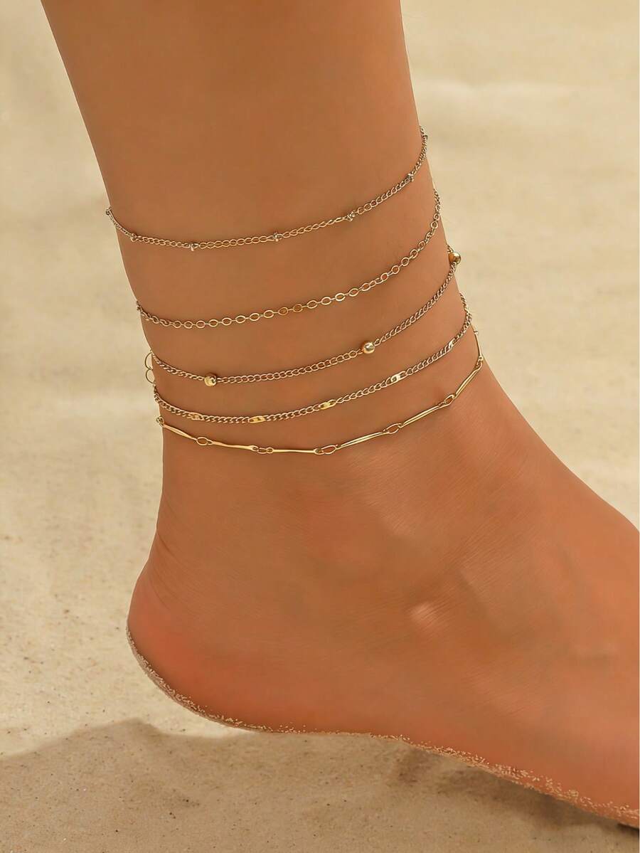 Set de 5 piezas de cadenas minimalistas de moda geométricas, cadenas con cuentas, cadenas delicadas, set de tobilleras, cadena de espina de pescado versátil y personalizada, cadena cubana, joyería para pies multicapa para la playa - Amarillo Oro - Ver 1