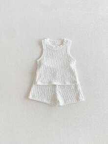 婴幼儿男女通用休闲套装 - 白色竖条纹无袖上衣+短裤两件套 - 白色 - 查看 6