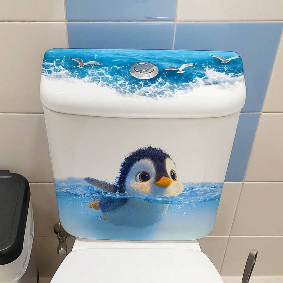 Stiker Toilet Bergambar Penguin Kartun Gaya Laut, Dekorasi Kamar Mandi Lucu Perekat Sendiri, Stiker Dinding Hewan Lucu Tahan Air - MultiWarna - View 1