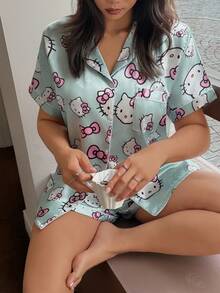 Sanrio Hello Kitty 2026 大尺碼真絲睡衣套裝，短袖前扣領翻領蝴蝶結卡通可愛款，前扣口袋對比滾邊 - 薄荷藍 - 查看 6