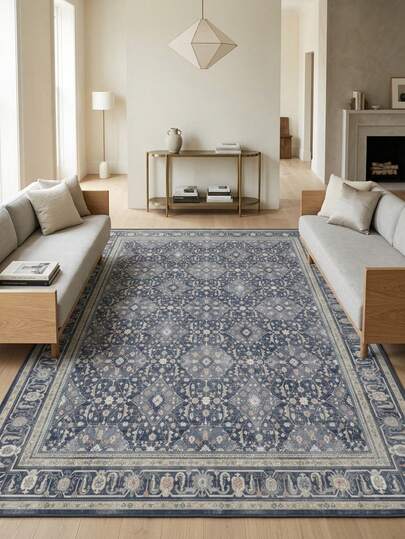 1pc Vintage Persian Geometric Floral & Striped Pattern Soft Faux Wool Area Rug/Carpet/Bath Mat/Door Mat/Runner, Suitable For Bathroom, Kitchen, Entryway, Hallway, Bedside, Living Room, Bedroom, Machine Washable 100% Polyester, Home Decor