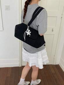 大容量手提包，纯色尼龙单肩包，女士休闲旅行手提包 - 黑色 - 查看 6